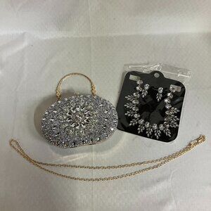 4 Pcs Sparkling Jeweled Purse Clutch Purse Silver Jewelry Set Wedding Party Glam